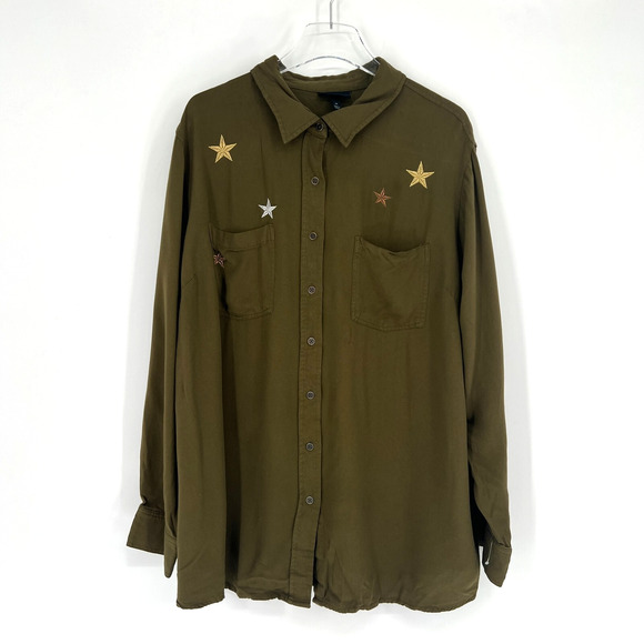 Lane Bryant Top Womens‎ 24 Green Star Embroidered Classic Button Down Blouse - Picture 1 of 6